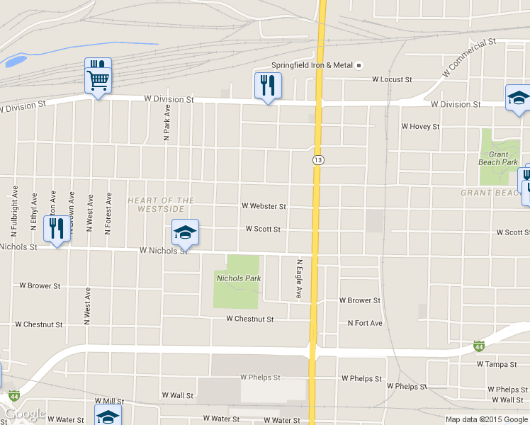 map of restaurants, bars, coffee shops, grocery stores, and more near 1736 W Webster St in Springfield