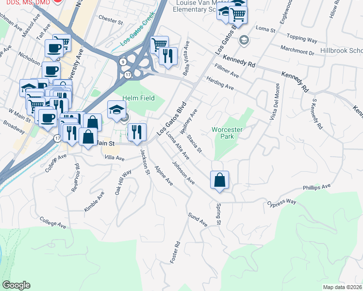 map of restaurants, bars, coffee shops, grocery stores, and more near 121 Loma Alta Avenue in Los Gatos