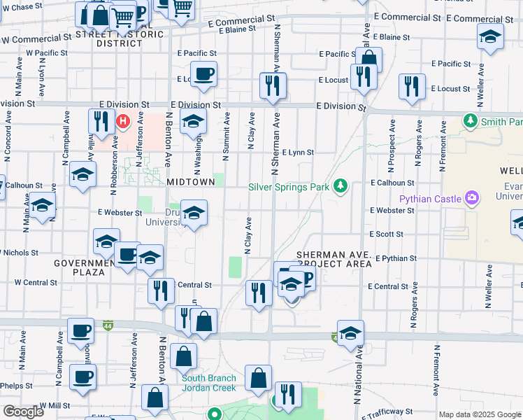 map of restaurants, bars, coffee shops, grocery stores, and more near 850 East Webster Street in Springfield