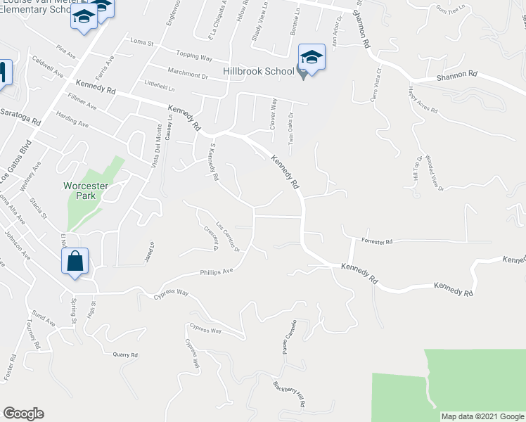 map of restaurants, bars, coffee shops, grocery stores, and more near 16301 South Kennedy Road in Los Gatos