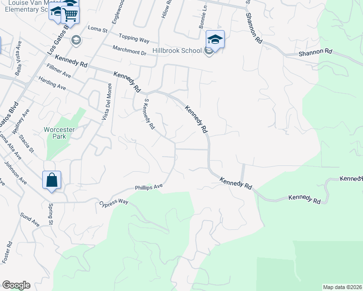 map of restaurants, bars, coffee shops, grocery stores, and more near 16301 South Kennedy Road in Los Gatos