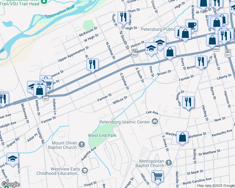 map of restaurants, bars, coffee shops, grocery stores, and more near 940 Farmer Street in Petersburg