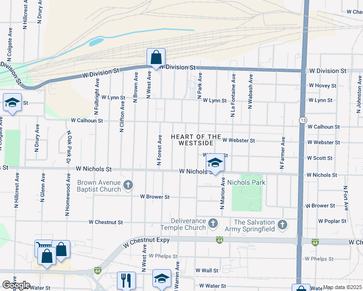 map of restaurants, bars, coffee shops, grocery stores, and more near 1121 North Warren Avenue in Springfield