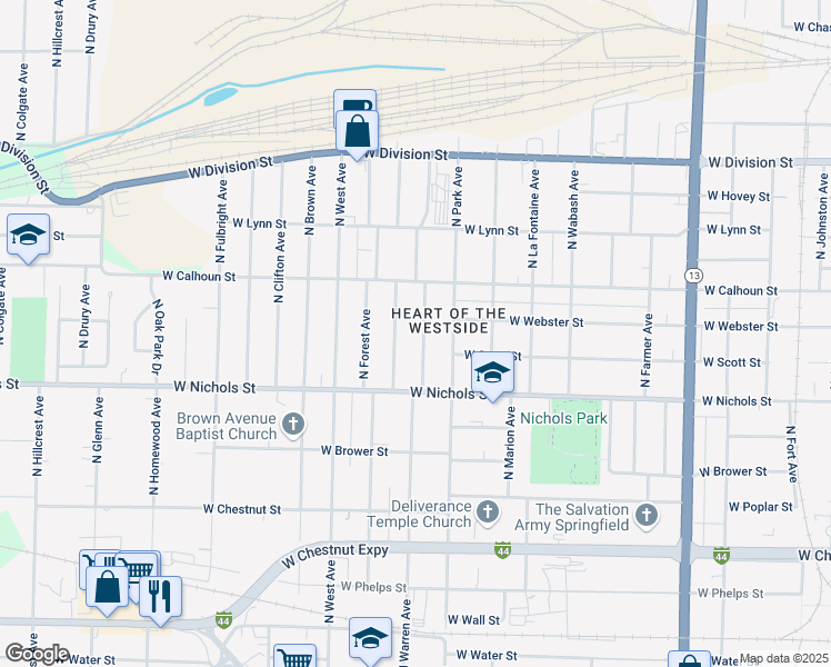 map of restaurants, bars, coffee shops, grocery stores, and more near 1121 North Warren Avenue in Springfield