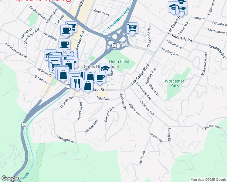 map of restaurants, bars, coffee shops, grocery stores, and more near 266 East Main Street in Los Gatos