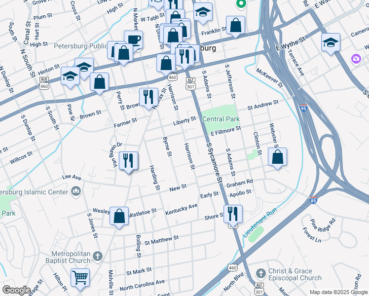 map of restaurants, bars, coffee shops, grocery stores, and more near 414 Harrison Street in Petersburg