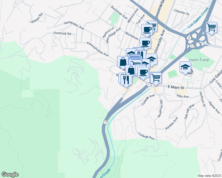 map of restaurants, bars, coffee shops, grocery stores, and more near 110 Wood Road in Los Gatos