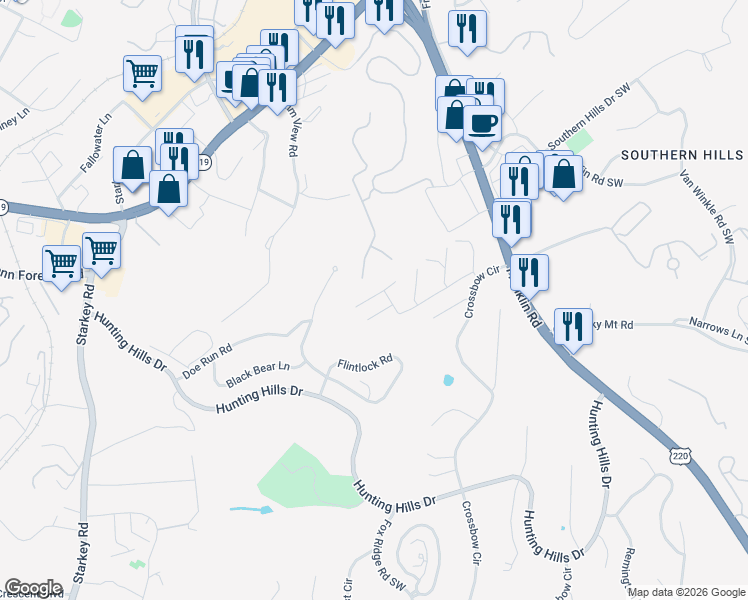 map of restaurants, bars, coffee shops, grocery stores, and more near 5516 Quail Ridge Circle in Cave Spring