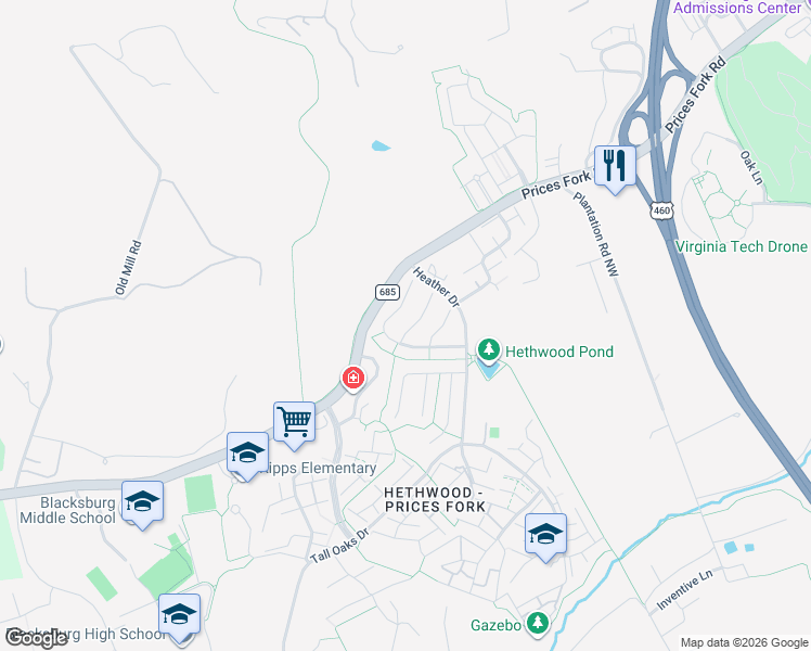 map of restaurants, bars, coffee shops, grocery stores, and more near 2313 Capistrano St in Blacksburg