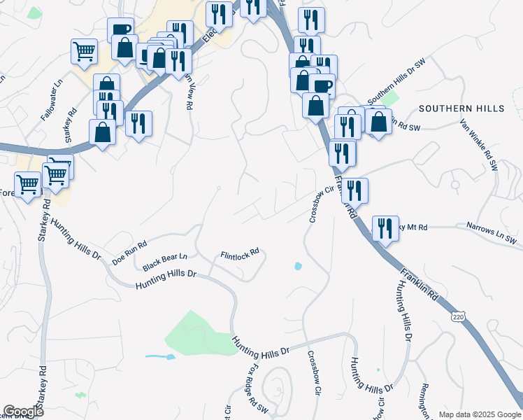 map of restaurants, bars, coffee shops, grocery stores, and more near 5425 Crossbow Court in Roanoke