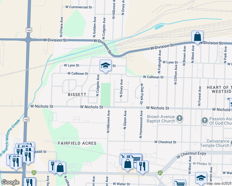 map of restaurants, bars, coffee shops, grocery stores, and more near 1138 North Hillcrest Avenue in Springfield