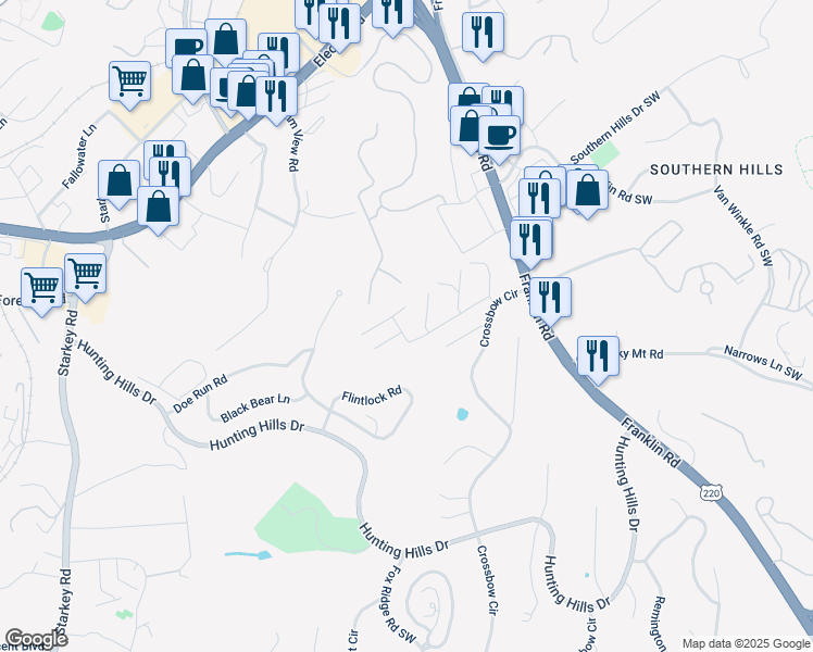 map of restaurants, bars, coffee shops, grocery stores, and more near 5425 Crossbow Court in Roanoke