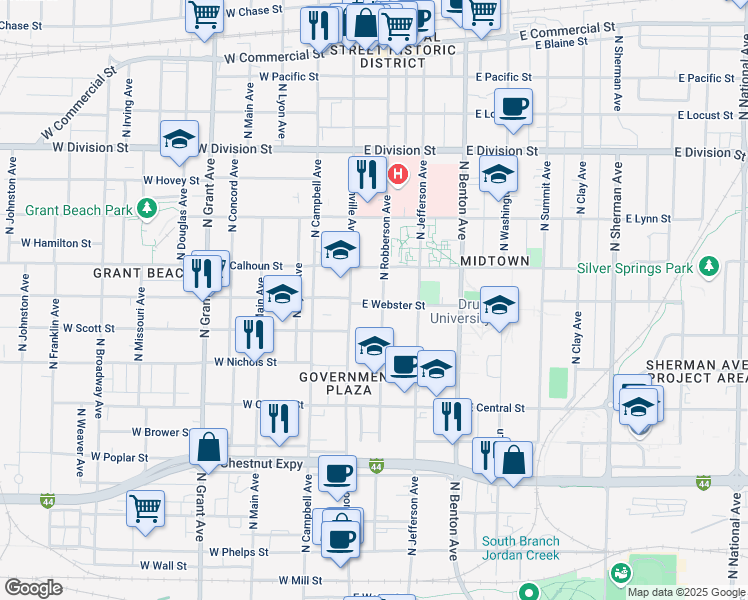 map of restaurants, bars, coffee shops, grocery stores, and more near 1201 North Robberson Avenue in Springfield