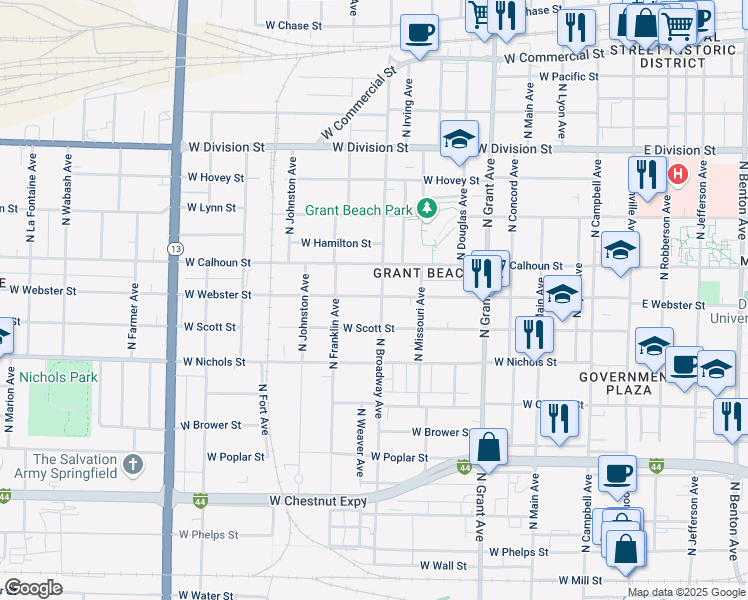 map of restaurants, bars, coffee shops, grocery stores, and more near 1131 North Broadway Avenue in Springfield