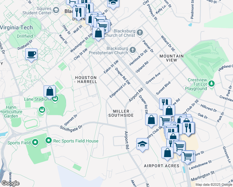 map of restaurants, bars, coffee shops, grocery stores, and more near 303 Edgewood Lane in Blacksburg