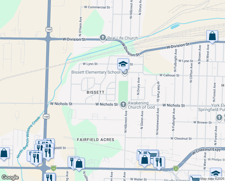 map of restaurants, bars, coffee shops, grocery stores, and more near 3056 West Webster in Springfield