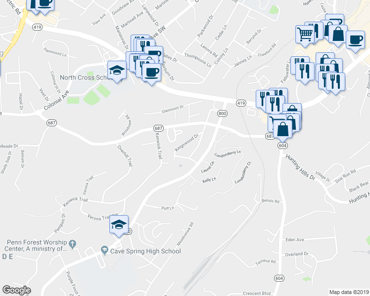 map of restaurants, bars, coffee shops, grocery stores, and more near 3352 Kingswood Drive in Roanoke