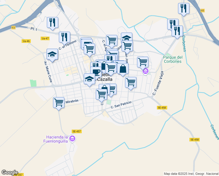 map of restaurants, bars, coffee shops, grocery stores, and more near 39 Calle la Luna in La Puebla de Cazalla