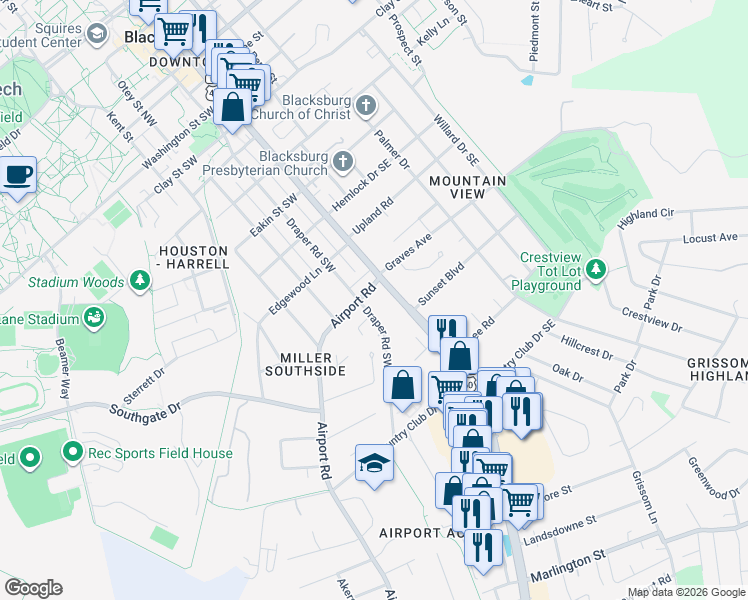 map of restaurants, bars, coffee shops, grocery stores, and more near 105 Airport Rd in Blacksburg