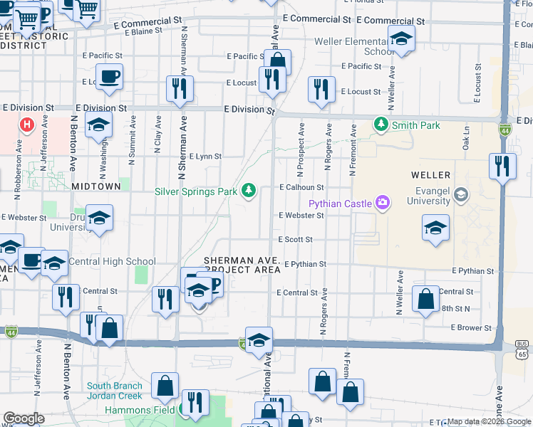 map of restaurants, bars, coffee shops, grocery stores, and more near 1141 North National Avenue in Springfield