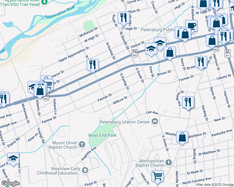map of restaurants, bars, coffee shops, grocery stores, and more near 940 Farmer Street in Petersburg