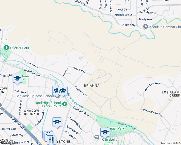 map of restaurants, bars, coffee shops, grocery stores, and more near 18686 Rosalind Lane in San Jose