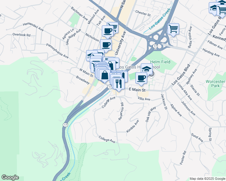map of restaurants, bars, coffee shops, grocery stores, and more near 14 East Main Street in Los Gatos