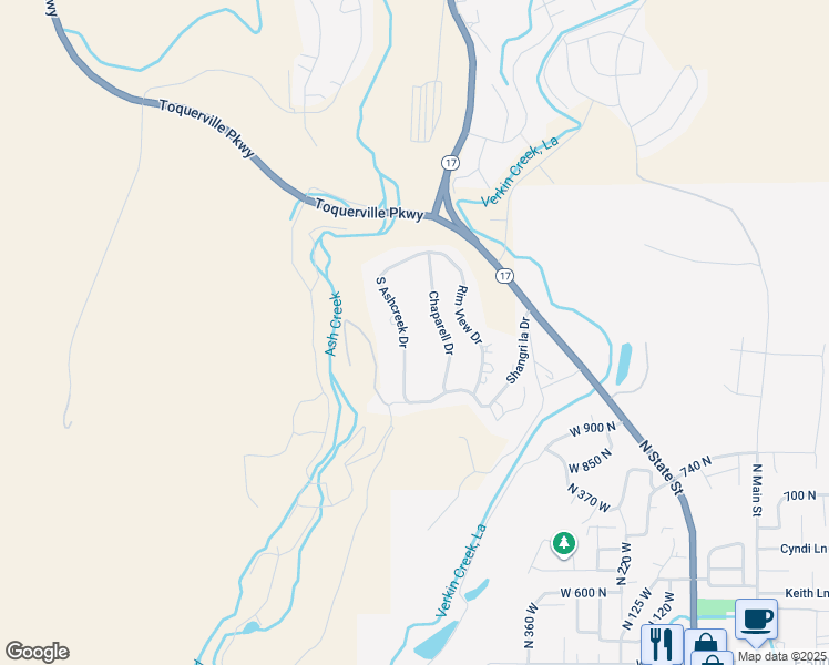map of restaurants, bars, coffee shops, grocery stores, and more near 1667 South Ashcreek Drive in Toquerville