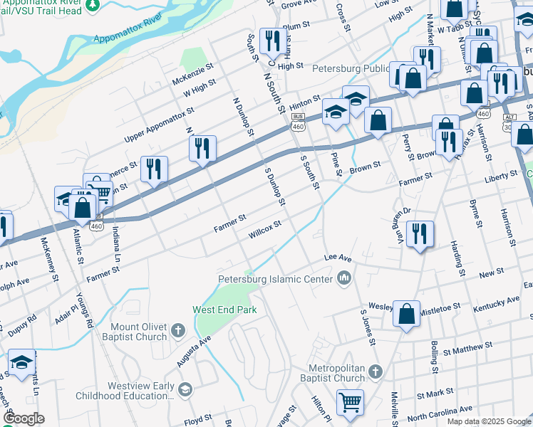 map of restaurants, bars, coffee shops, grocery stores, and more near 915 Willcox Street in Petersburg