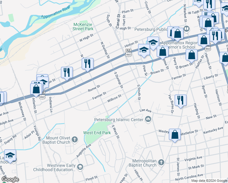 map of restaurants, bars, coffee shops, grocery stores, and more near 932 Farmer Street in Petersburg