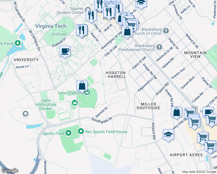 map of restaurants, bars, coffee shops, grocery stores, and more near 511 Warren Street in Blacksburg