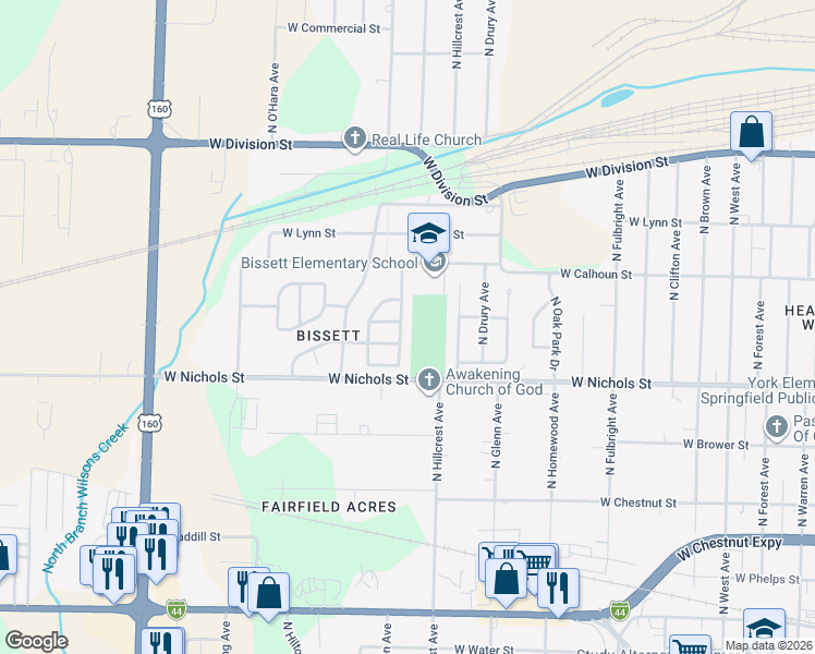 map of restaurants, bars, coffee shops, grocery stores, and more near 3056 West Webster Street in Springfield