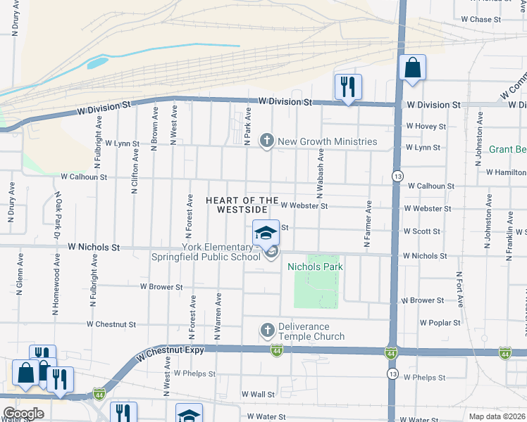 map of restaurants, bars, coffee shops, grocery stores, and more near 1152-1198 North Marion Avenue in Springfield
