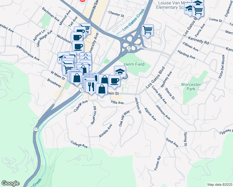 map of restaurants, bars, coffee shops, grocery stores, and more near 238 East Main Street in Los Gatos