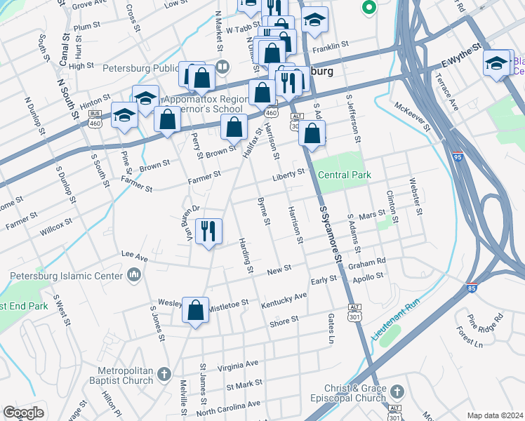 map of restaurants, bars, coffee shops, grocery stores, and more near 424 Byrne Street in Petersburg