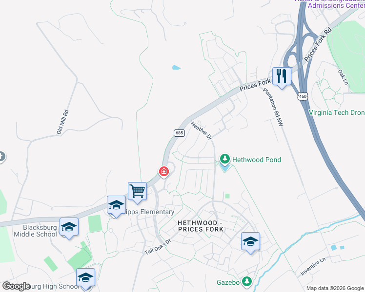 map of restaurants, bars, coffee shops, grocery stores, and more near 2313 Capistrano Street in Blacksburg