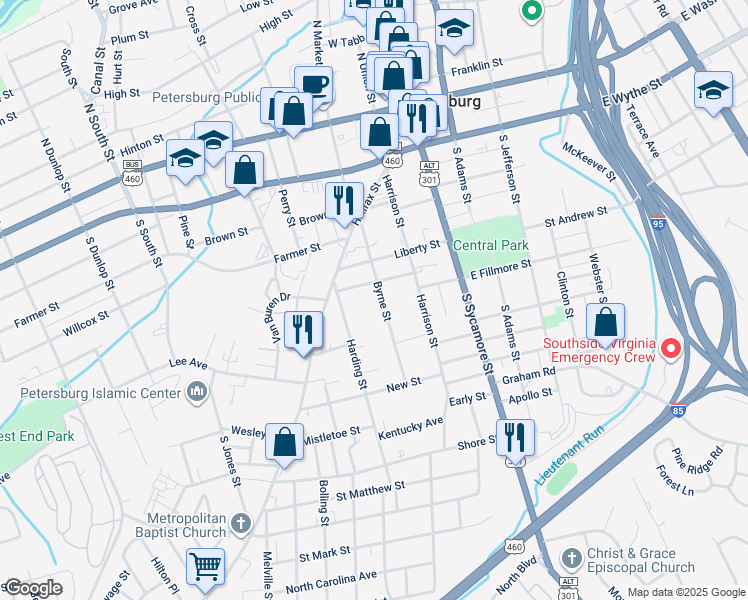 map of restaurants, bars, coffee shops, grocery stores, and more near 424 Byrne Street in Petersburg