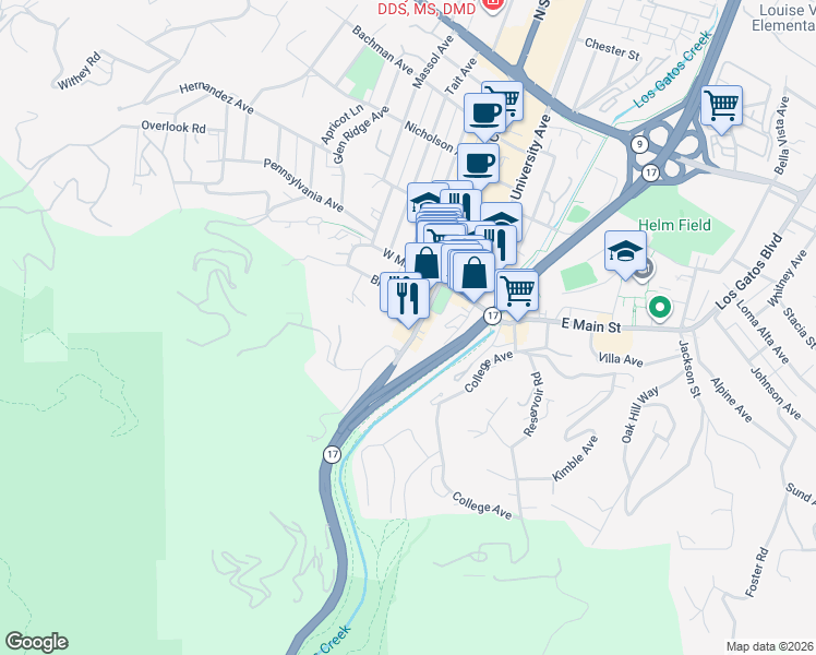 map of restaurants, bars, coffee shops, grocery stores, and more near 140 South Santa Cruz Avenue in Los Gatos
