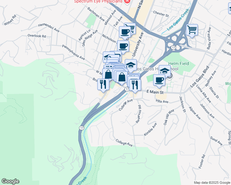 map of restaurants, bars, coffee shops, grocery stores, and more near 32 Park Avenue in Los Gatos