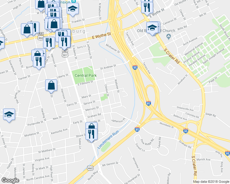 map of restaurants, bars, coffee shops, grocery stores, and more near 326 Mars Street in Petersburg