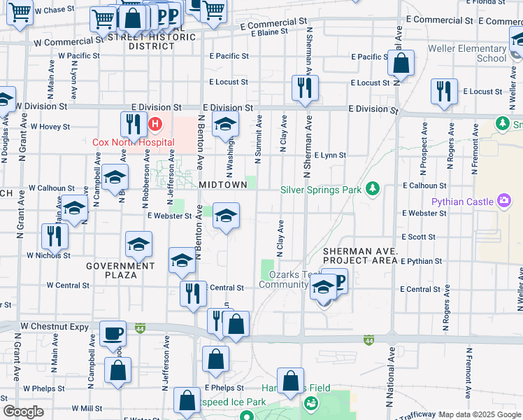 map of restaurants, bars, coffee shops, grocery stores, and more near 1200 North Summit Avenue in Springfield
