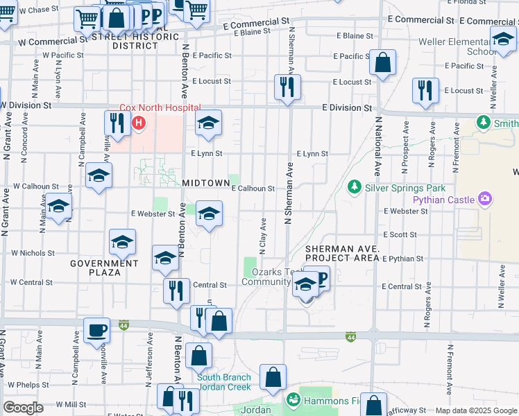 map of restaurants, bars, coffee shops, grocery stores, and more near 1201 North Clay Avenue in Springfield