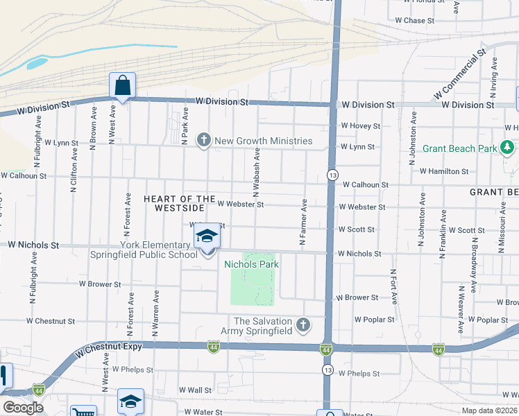 map of restaurants, bars, coffee shops, grocery stores, and more near 1836 West Webster Street in Springfield