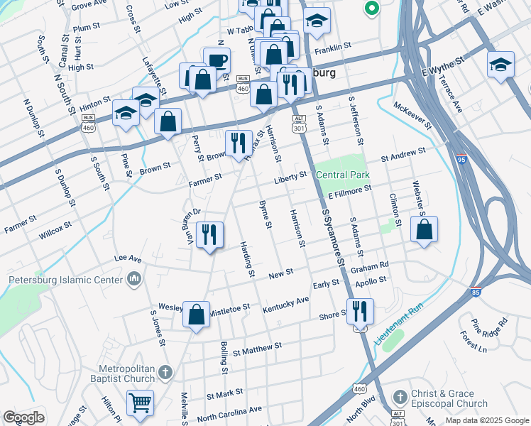 map of restaurants, bars, coffee shops, grocery stores, and more near 433 Byrne Street in Petersburg
