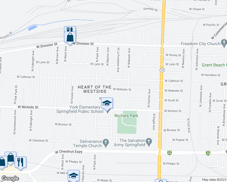 map of restaurants, bars, coffee shops, grocery stores, and more near 2012 West Webster Street in Springfield
