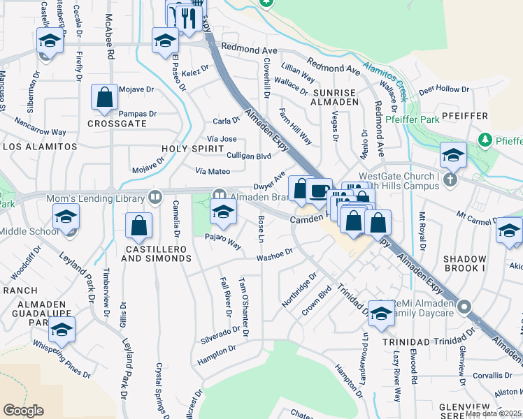 map of restaurants, bars, coffee shops, grocery stores, and more near 6445 Camden Avenue in San Jose