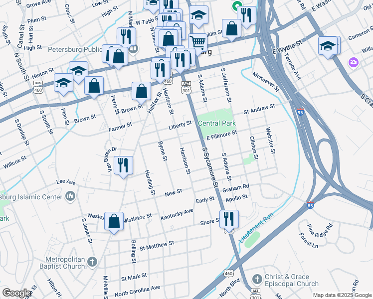 map of restaurants, bars, coffee shops, grocery stores, and more near 414 Harrison Street in Petersburg