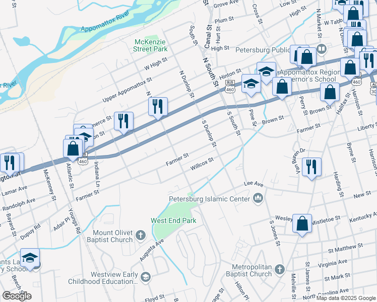 map of restaurants, bars, coffee shops, grocery stores, and more near 1017 Farmer Street in Petersburg