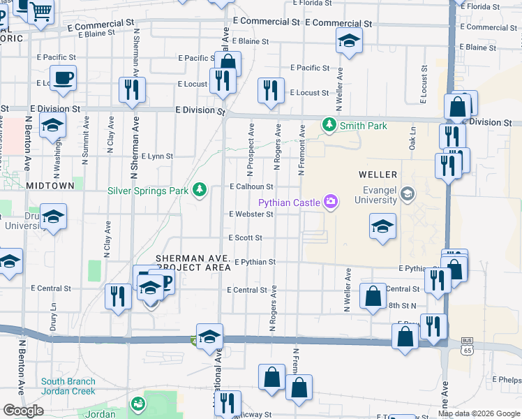 map of restaurants, bars, coffee shops, grocery stores, and more near 1317 E Webster St in Springfield
