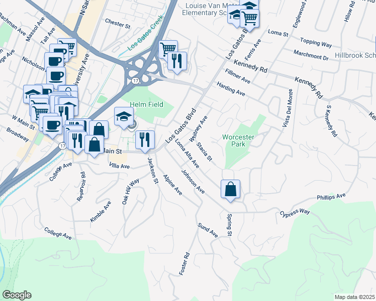 map of restaurants, bars, coffee shops, grocery stores, and more near 111 Loma Alta Avenue in Los Gatos